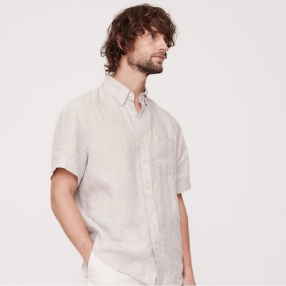 NWT Banana Republic Standard Fit Linen Short Sleeve Natural Beige Sz L/T